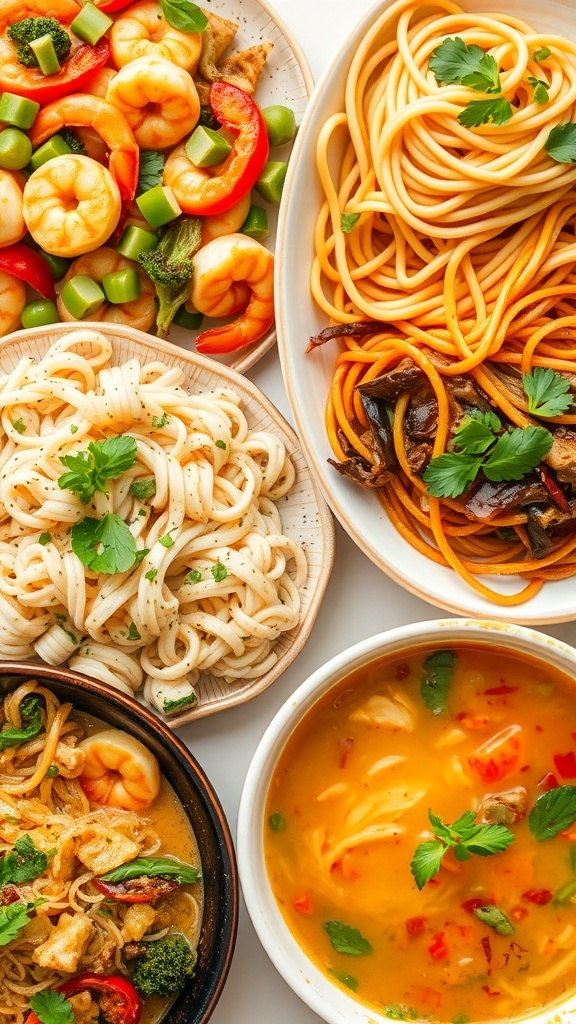 An array of noodle dishes including stir-fry, pasta, and soup, garnished with herbs.